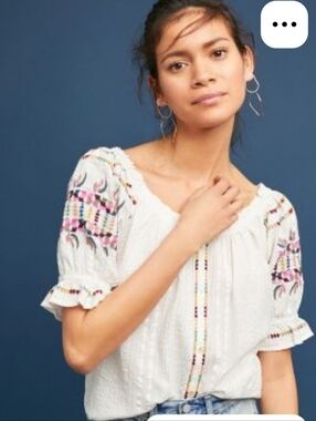 Anthropologie Cream Off-Shoulder Embroidered Sleeve Blouse 2p